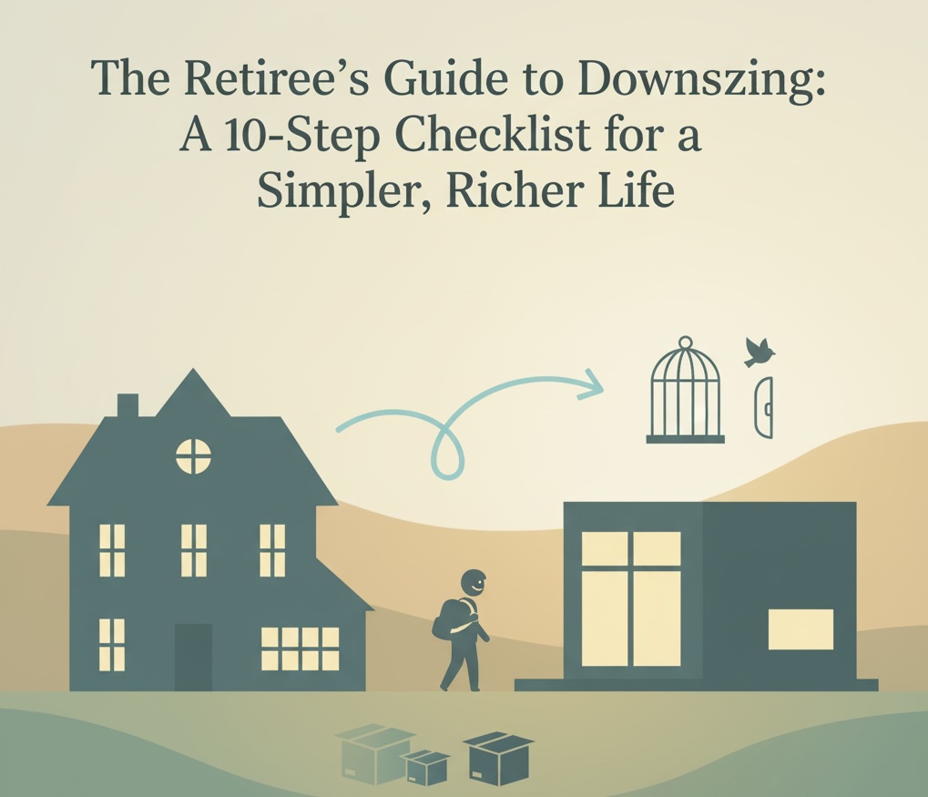 An illustration depicting the process of downsizing for retirement, showing a person moving from a larger traditional house to a smaller, modern home, with symbols of decluttering and freedom.