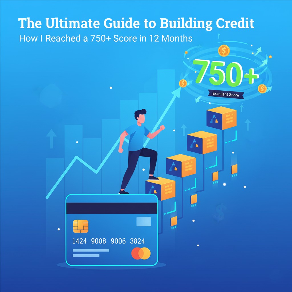 An illustration showing a person building credit from a credit card, climbing steps towards an "Excellent Score" of 750+, symbolizing financial growth and achievement.