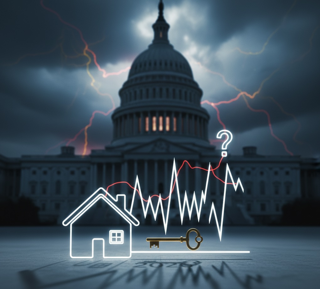 An ominous illustration showing the U.S. Capitol building under stormy skies with lightning, casting a shadow over a glowing line graph representing mortgage rates, a house outline, and a key, all marked with "2026" and a prominent question mark, symbolizing uncertainty.