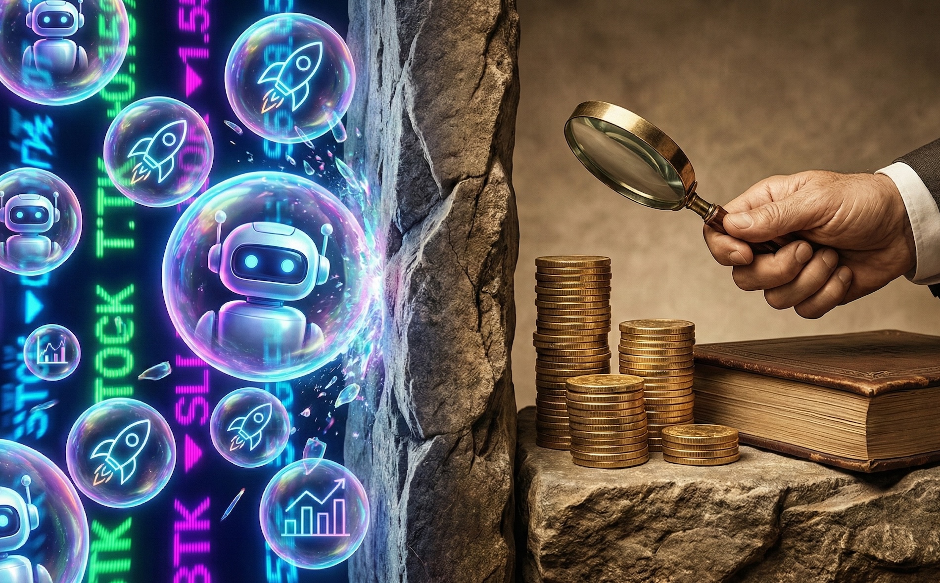 A split-screen digital illustration. The left side shows fragile, glowing neon bubbles containing robot heads and rocket icons against a background of rapidly moving stock market tickers. The right side features a hand in a business suit holding a magnifying glass over a stack of gold coins and an old leather ledger book resting on a solid rock foundation. A stone wall separates the two halves.