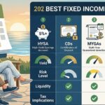 An infographic titled "2026 BEST FIXED INCOME INVESTMENTS" compares HYSA, CDs, MYGAs, Corp Bond ETFs, and Muni Bond ETFs across Yield, Risk Level, Liquidity, and Tax Implications using gauges and check/cross marks. A happy senior couple sits on a bench by the ocean with a large 2026 calendar in the background.