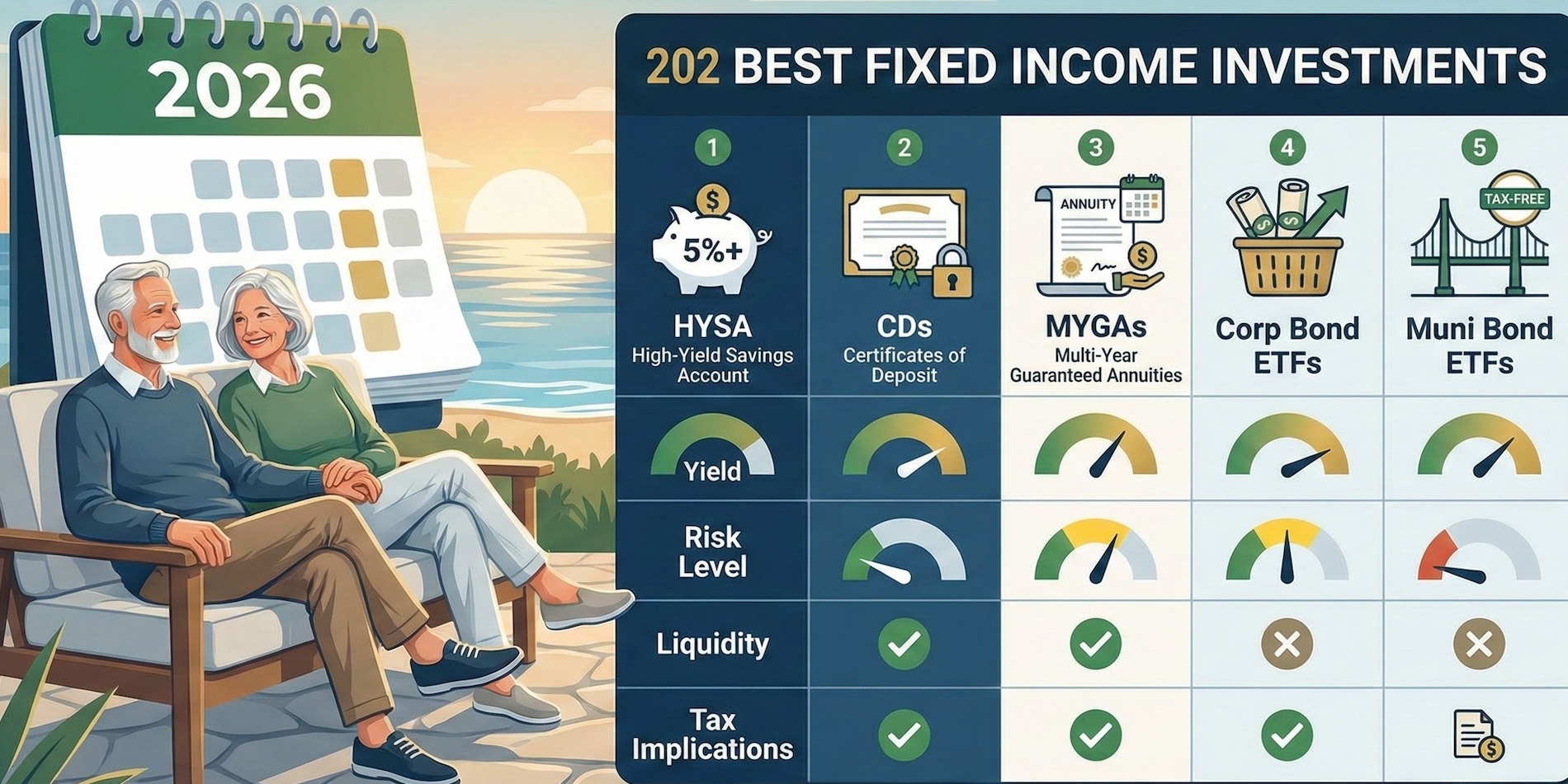 An infographic titled "2026 BEST FIXED INCOME INVESTMENTS" compares HYSA, CDs, MYGAs, Corp Bond ETFs, and Muni Bond ETFs across Yield, Risk Level, Liquidity, and Tax Implications using gauges and check/cross marks. A happy senior couple sits on a bench by the ocean with a large 2026 calendar in the background.