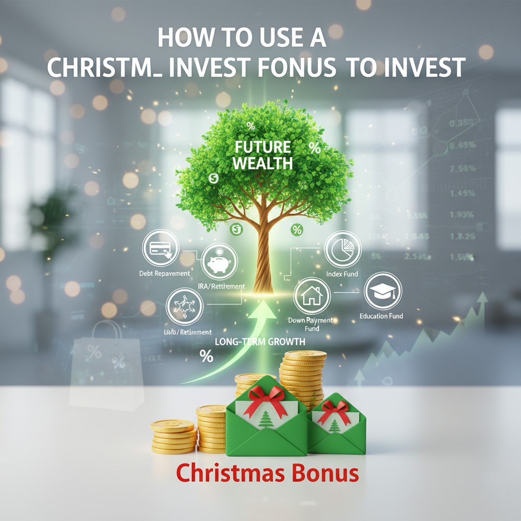A financial infographic showing green envelopes labeled "Christmas Bonus" and stacks of gold coins, with an arrow labeled "Long-Term Growth" pointing up to a green tree labeled "Future Wealth." The tree is surrounded by icons for various investment options, including Debt Repayment, IRA/Retirement, Index Fund, Down Payment Fund, and Education Fund.
