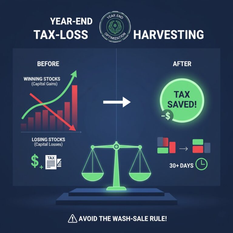 An infographic illustrating year-end tax-loss harvesting, showing "Before" and "After" scenarios with winning and losing stocks, a scale balancing capital gains and losses, a "TAX SAVED!" notification, and a warning to "AVOID THE WASH-SALE RULE!".