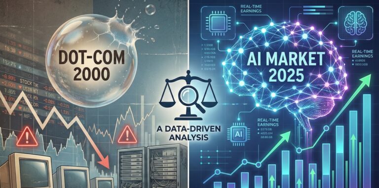 A split-screen illustration contrasting the "DOT-COM 2000" bubble bust with retro tech and falling charts against the "AI MARKET 2025" boom with a digital brain and rising charts, centered around a scale and magnifying glass representing "A DATA-DRIVEN ANALYSIS."