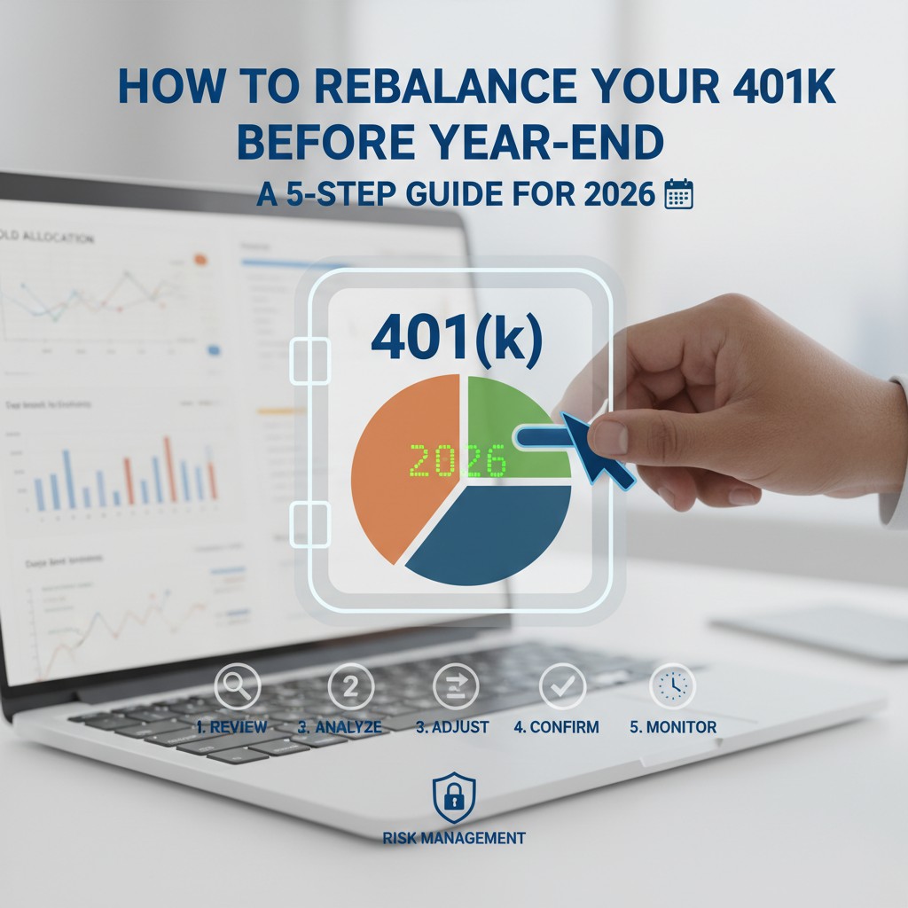 A digital art image depicting a human hand using a cursor to rebalance a pie chart representing a 401(k) portfolio on a laptop screen, with a 5-step guide and "2026" displayed.
