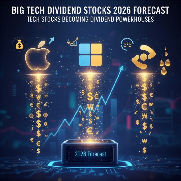 A digital art image showing stylized Apple, Microsoft, and Broadcom-like tech symbols generating streams of money symbols ($, €, ₩) into a central '2026 Forecast' display, with a rising stock graph in the background.