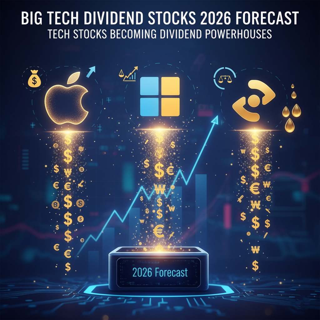 A digital art image showing stylized Apple, Microsoft, and Broadcom-like tech symbols generating streams of money symbols ($, €, ₩) into a central '2026 Forecast' display, with a rising stock graph in the background.