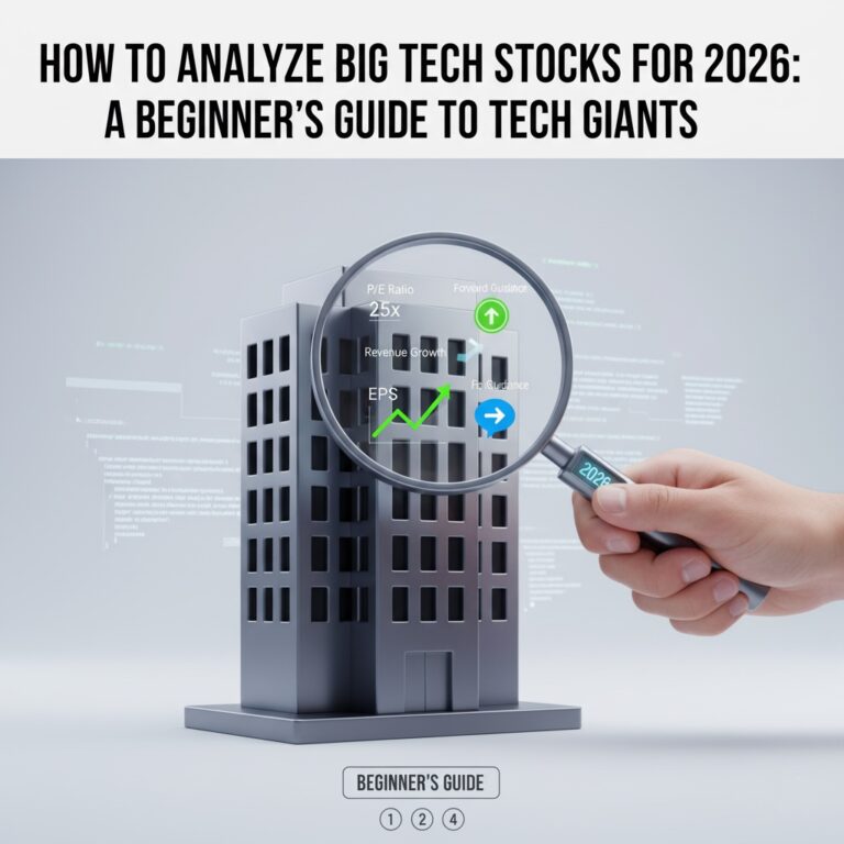 A digital art image depicting a magnifying glass held by a human hand, revealing key financial metrics (P/E ratio, Revenue Growth, EPS, Forward Guidance) on a stylized tech corporate building, with "2026" displayed on the magnifying glass.