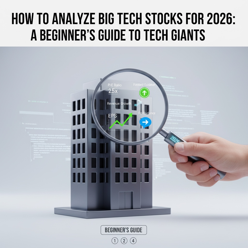 A digital art image depicting a magnifying glass held by a human hand, revealing key financial metrics (P/E ratio, Revenue Growth, EPS, Forward Guidance) on a stylized tech corporate building, with "2026" displayed on the magnifying glass.
